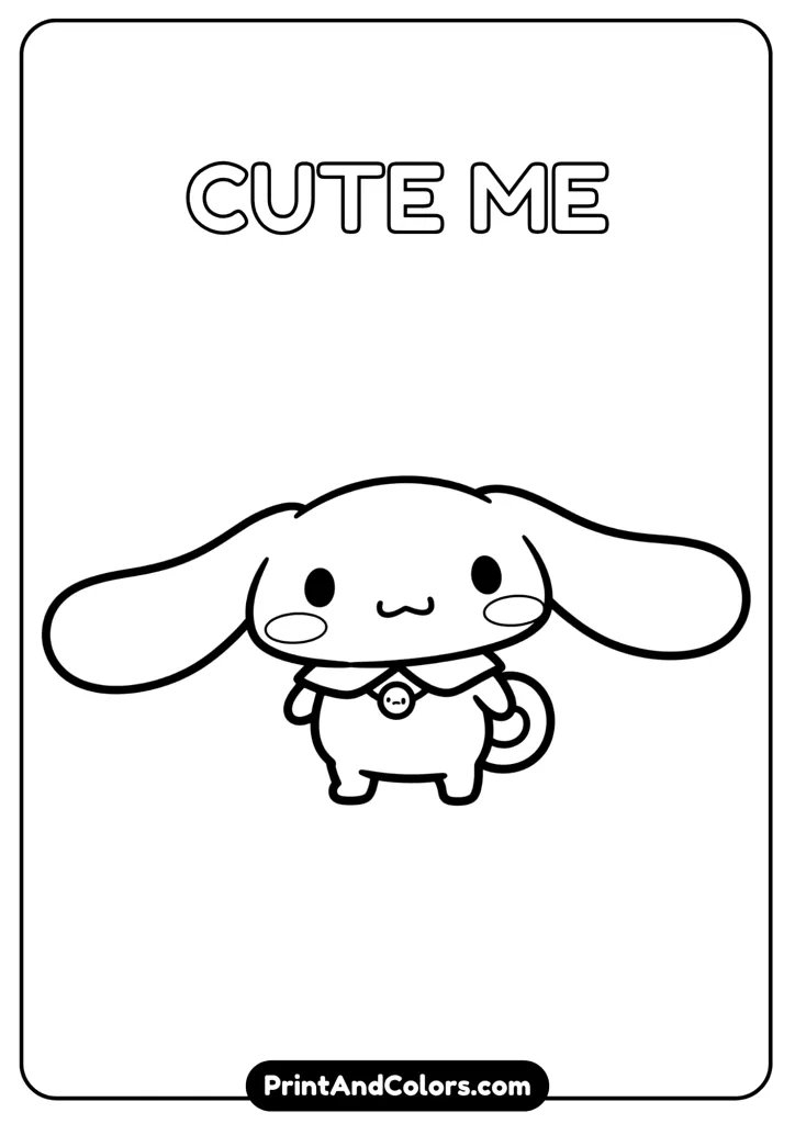 Simple Cinnamoroll pose, cartoon black and white outline, no colors, designed for easy printable PDF coloring pages