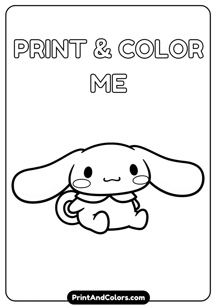 Cinnamoroll in a simple sitting pose, black and white clean outlines, no colors, printable design for coloring pages