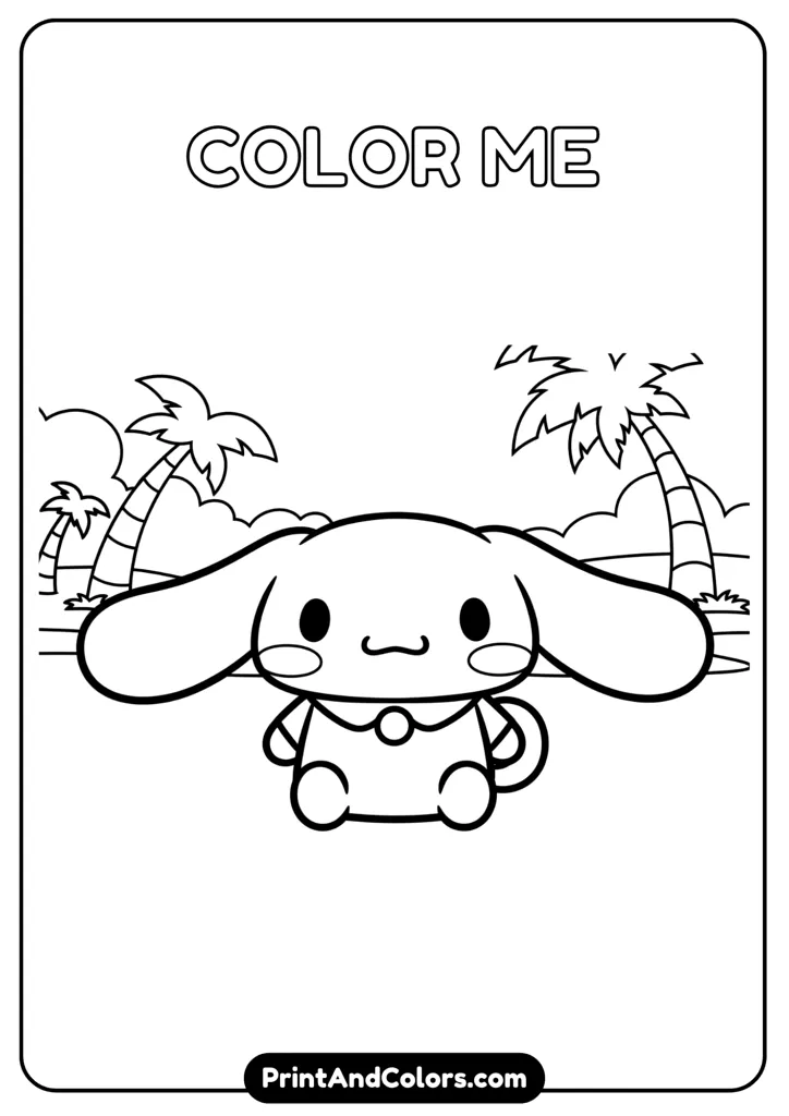 Miniature-style Cinnamoroll in toy blind box pose, cartoon black and white outline, no colors, clean background