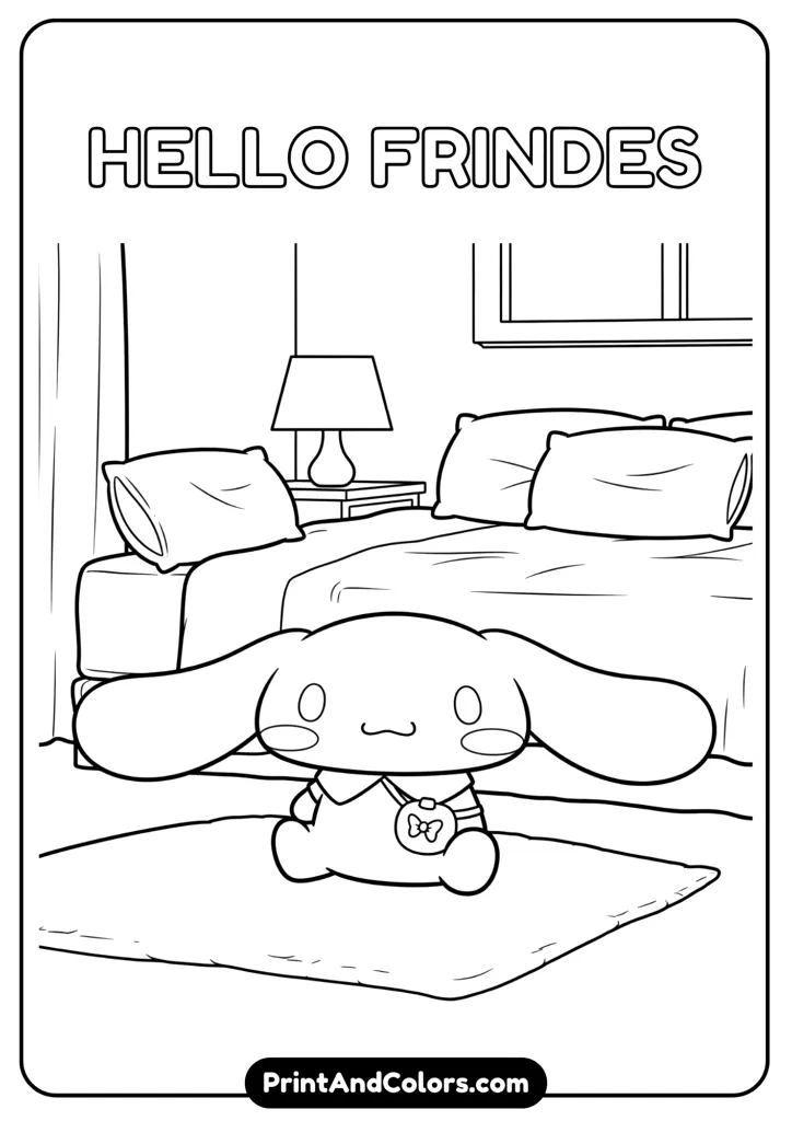 Cinnamoroll sitting in a cozy bedroom scene, cartoon black and white outline, no colors, bed and pillows in background