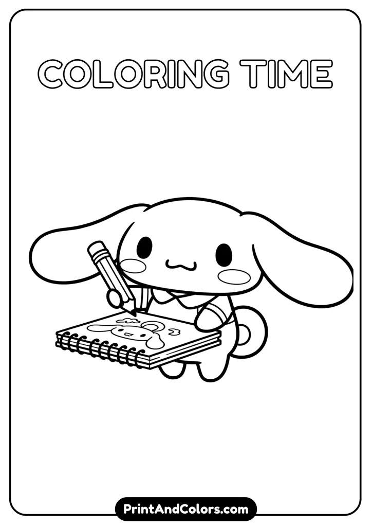 Cinnamoroll holding a pencil and sketchbook, drawing something, cartoon black and white outline, no colors