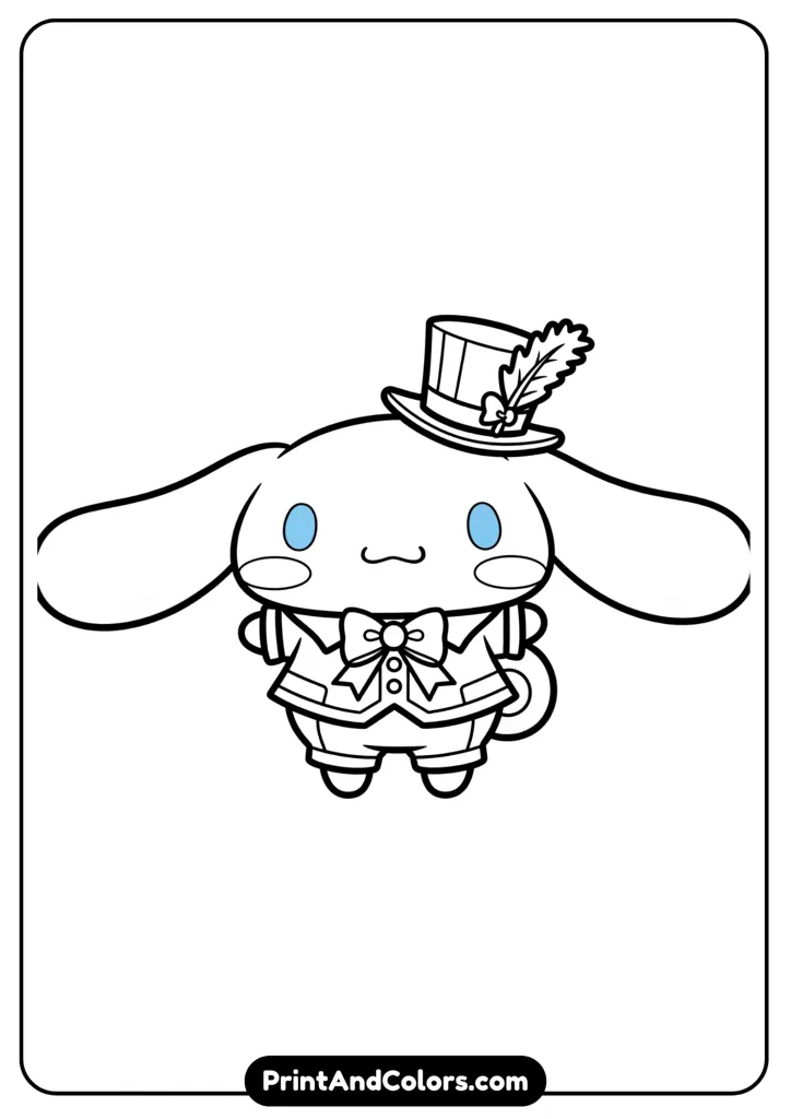 Cinnamoroll wearing a fancy outfit with a hat, cartoon black and white outline, no colors, minimal background