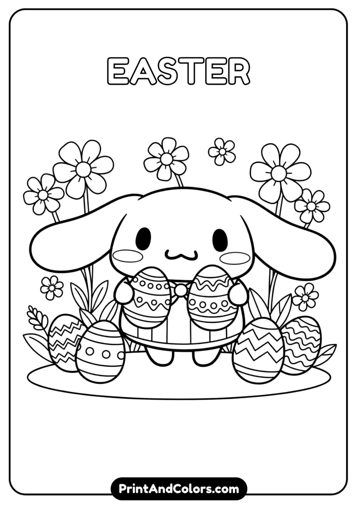 Cinnamoroll holding decorated Easter eggs, cartoon black and white outline, no colors, spring flowers in background
