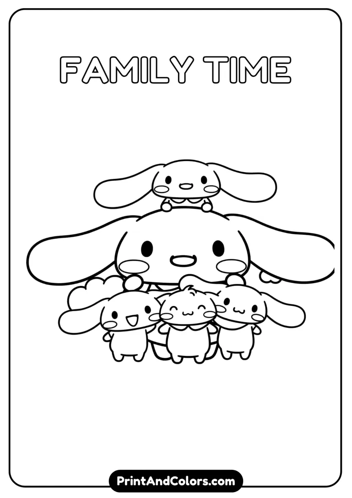 Cinnamoroll with his family members, smiling together, cartoon black and white outline, no colors, plain background