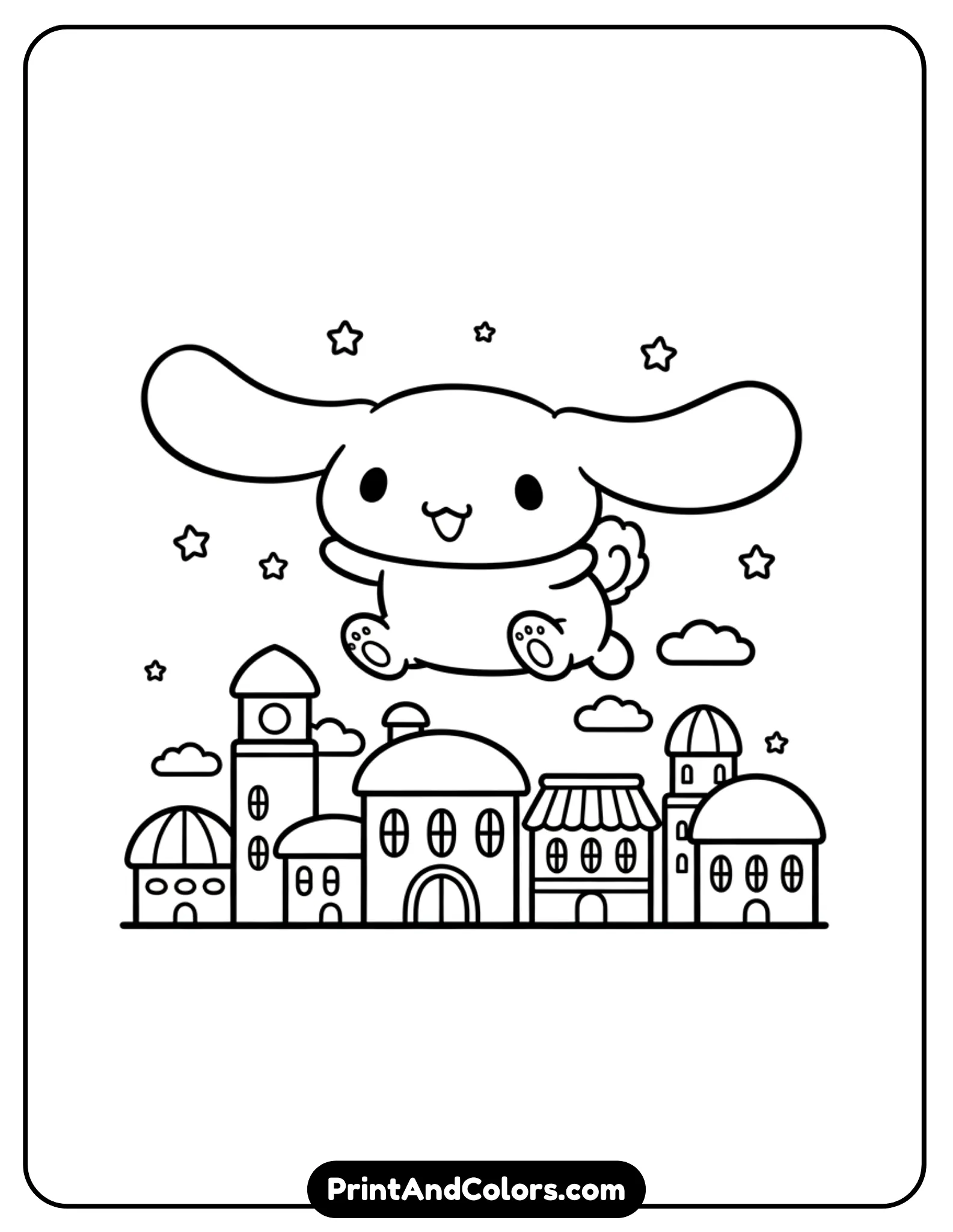 ute black and white line art illustration of Cinnamoroll flying high above a charming kawaii-style city. His long floppy ears are spread wide like wings as he floats happily in the sky. Below him, include simple city buildings with rounded windows, rooftops, clouds drifting between buildings, and tiny stars in the background. Use clean, bold outlines with no shading, no grayscale, and no background textures, making the image perfect for a printable coloring page for kids.