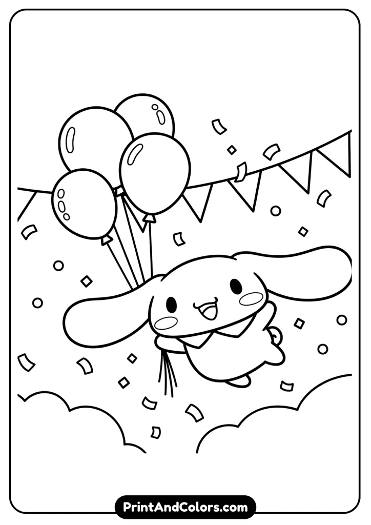 Cinnamoroll flying with balloons and confetti, smiling, cartoon black and white outline, no colors, festive background