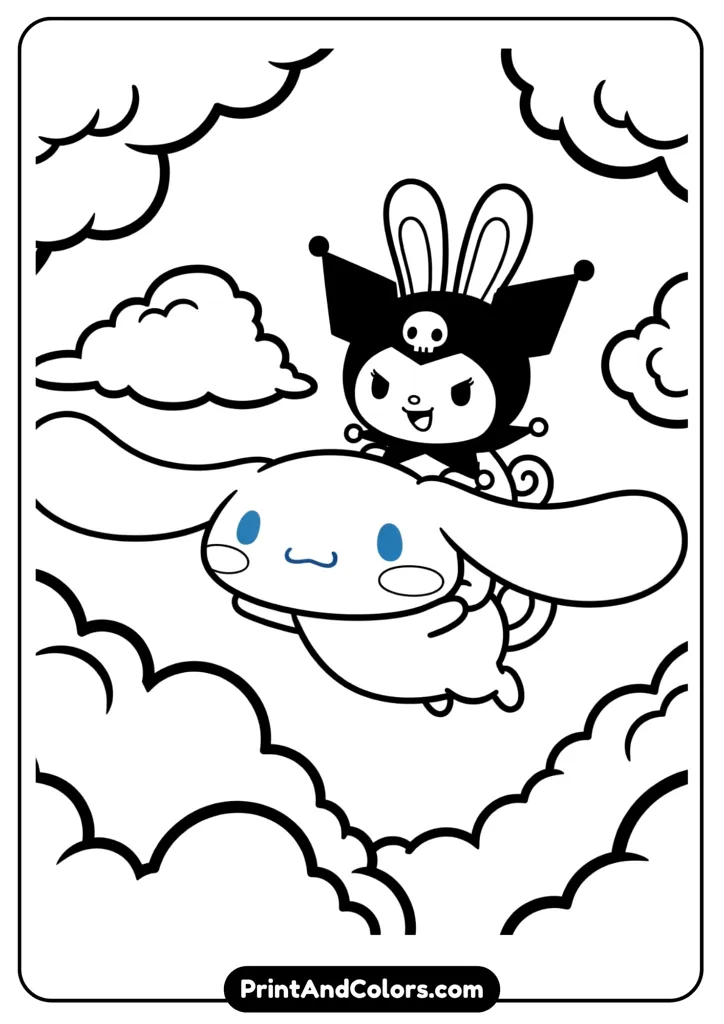 Cinnamoroll flying with his long ears carrying Kuromi, both smiling, cartoon black and white outline, no colors, cloud background