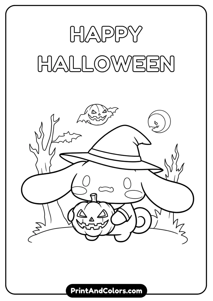 Cinnamoroll in a witch hat holding a pumpkin, cartoon black and white outline, no colors, spooky background elements