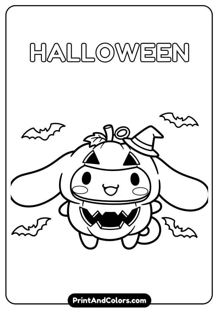 Cinnamoroll wearing a pumpkin Halloween costume, smiling, cartoon black and white outline, no colors, bats in the background