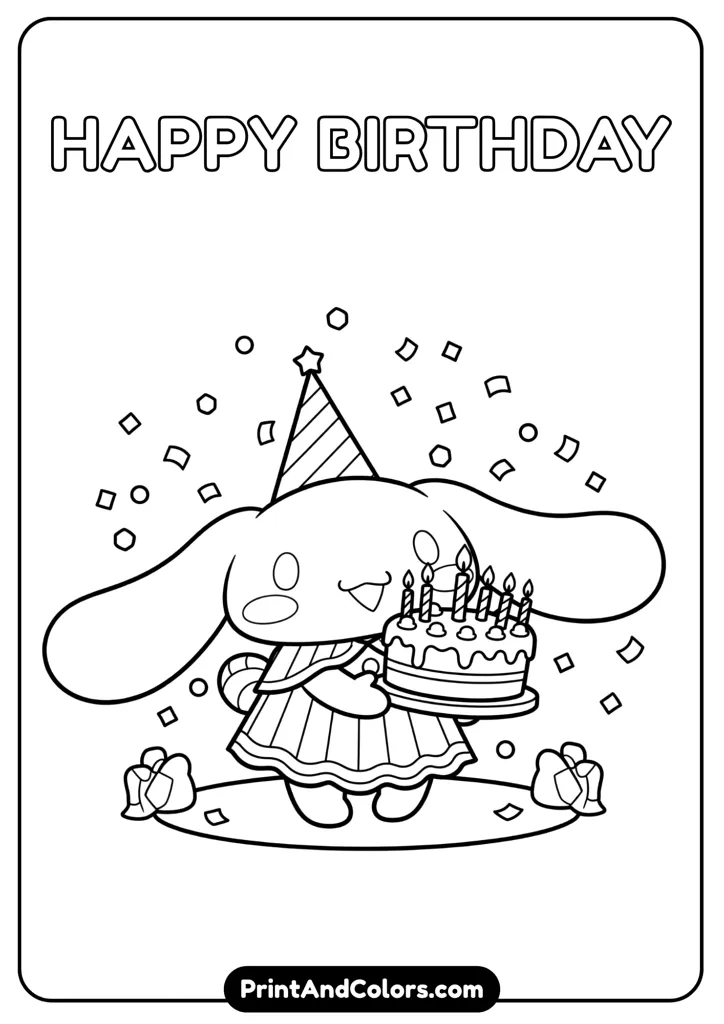 Cinnamoroll holding a birthday cake with candles, cartoon black and white outline, no colors, confetti background