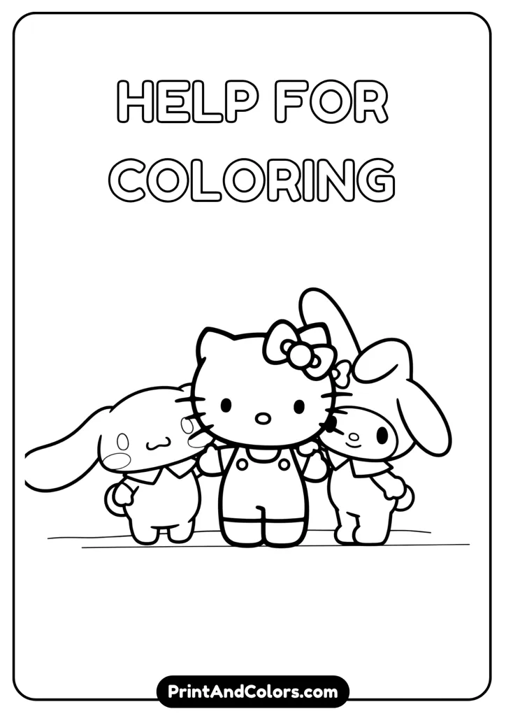 Cinnamoroll, Hello Kitty, and My Melody together in a group pose, cartoon black and white outline, no colors, neat background