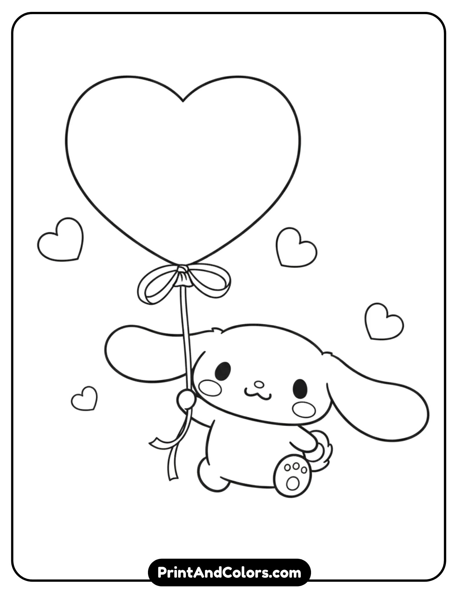 Cinnamoroll holding a large heart-shaped balloon with a ribbon. He should be smiling warmly, with small hearts floating nearby. The illustration must be black and white line art with smooth outlines and open areas for coloring.