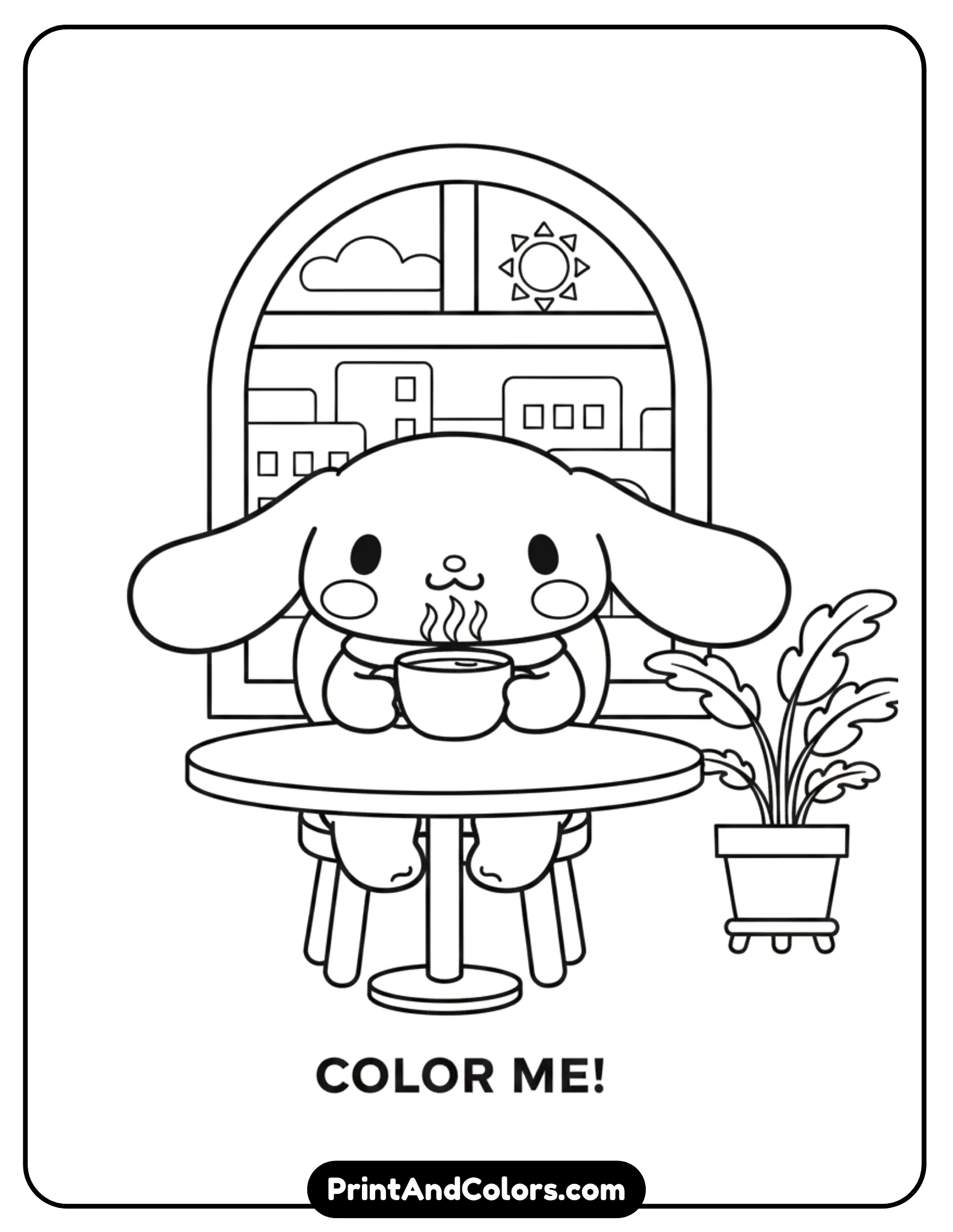 Cinnamoroll sitting at a cozy café table, holding a cup of coffee with steam rising gently. Add simple café elements like a small table, chair, window, and a plant in the background. The scene should be drawn in clean black and white line art with rounded shapes, cute facial expressions, and no shading, ideal for kids’ coloring pages.