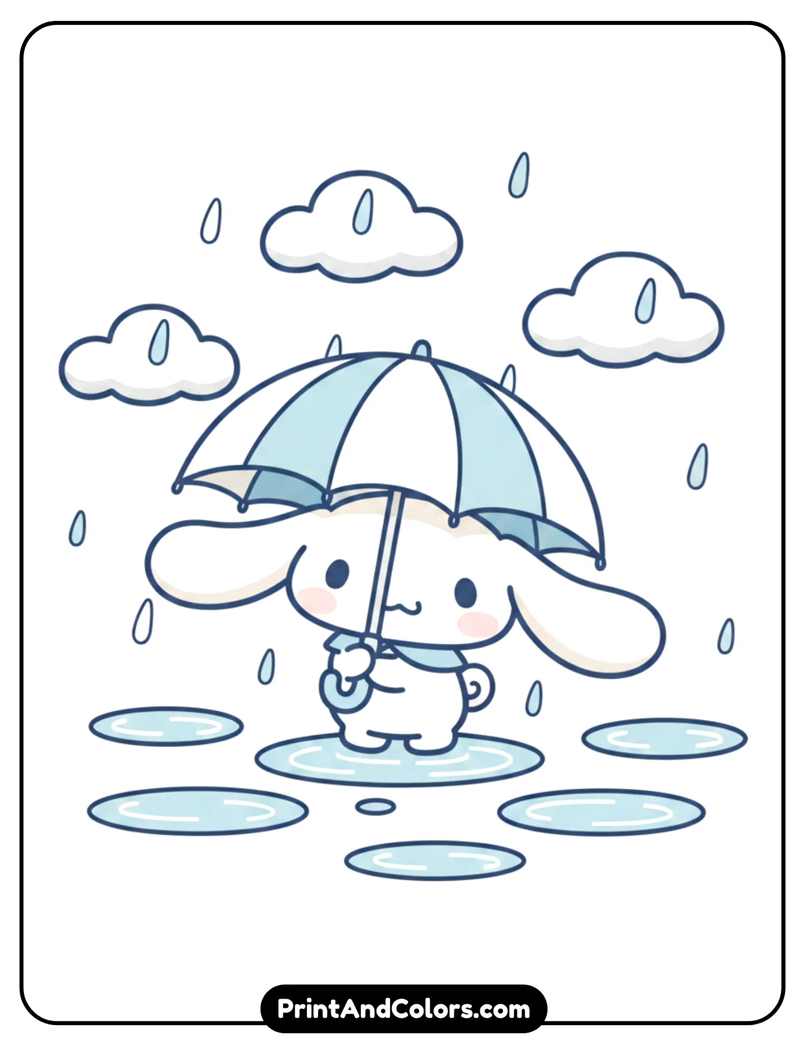Cinnamoroll holding a large umbrella while standing on a rainy day. Include raindrops, puddles, and small clouds in the background. Keep the style kawaii with rounded shapes, thick outlines, and plenty of blank space for coloring.