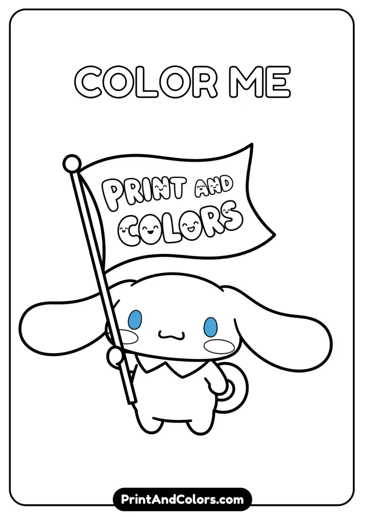 Cinnamoroll holding a small waving flag, smiling happily, cartoon black and white outline, no colors, clean background