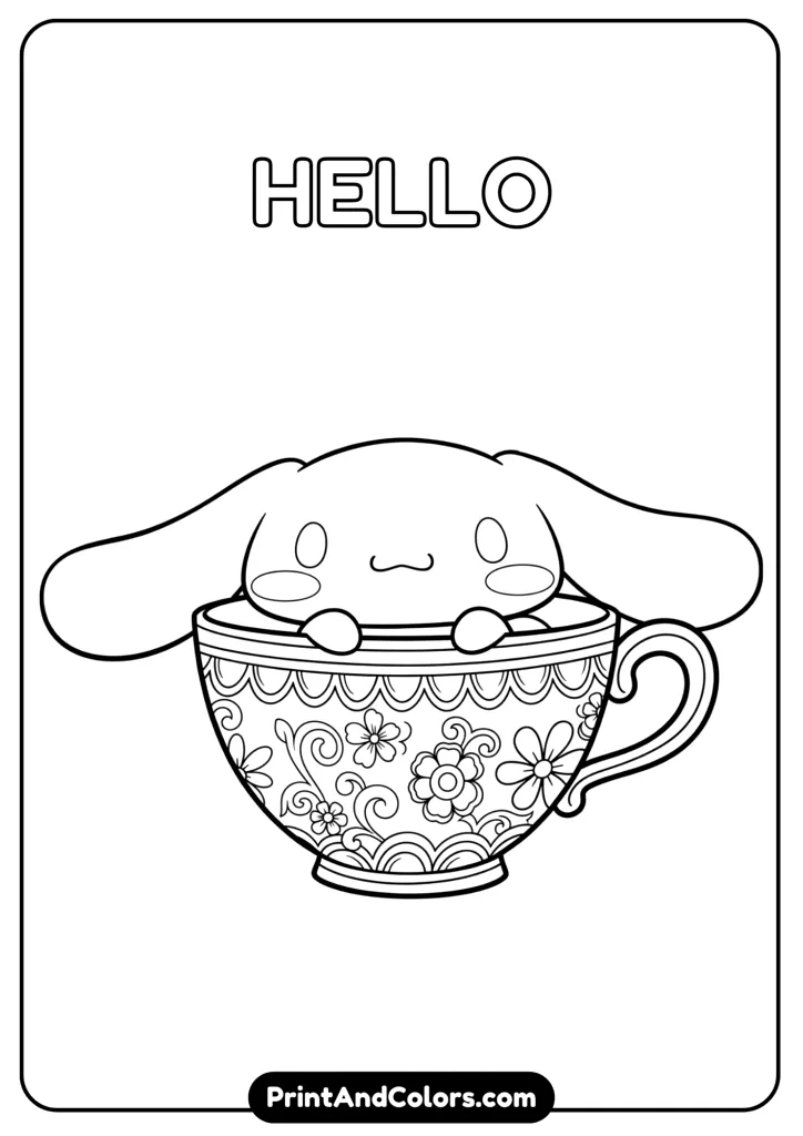 Cinnamoroll sitting inside a big decorated teacup, ears flopping over the rim, cartoon outline drawing in black and white, no colors, detailed teacup design, clean background