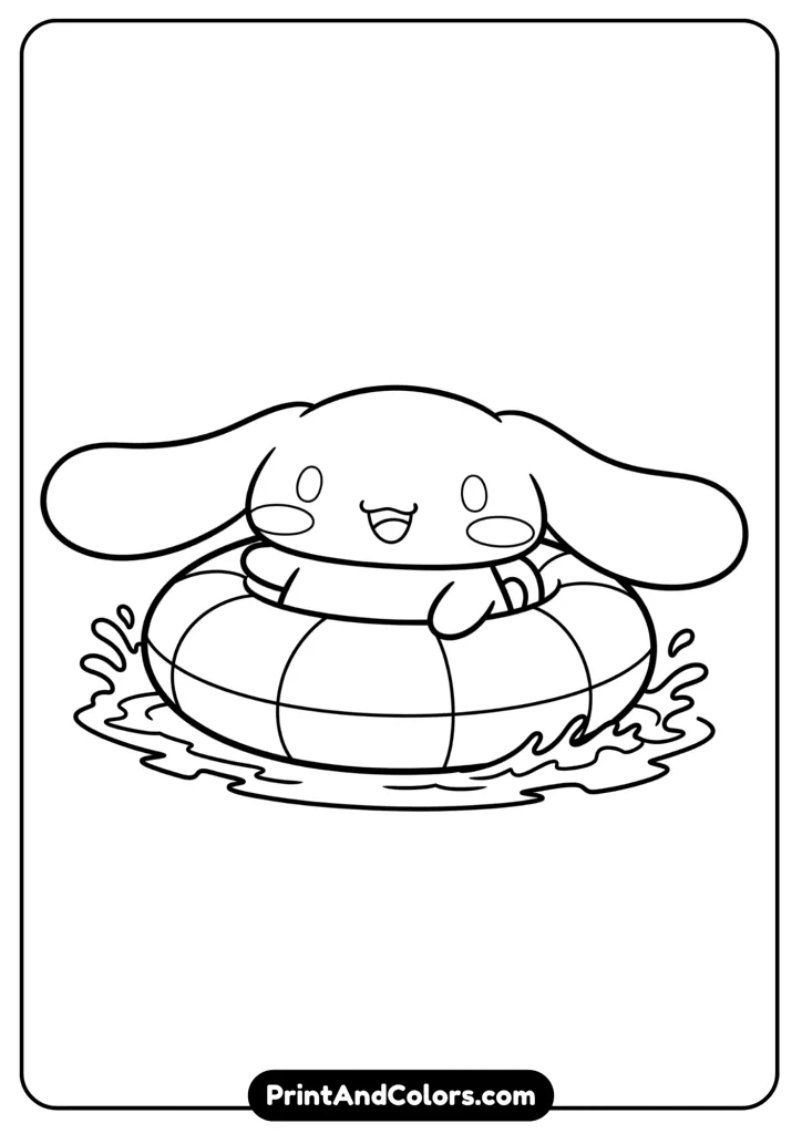 Cinnamoroll sitting in a round float tube on water, smiling, cartoon black and white outline, no colors, small waves around