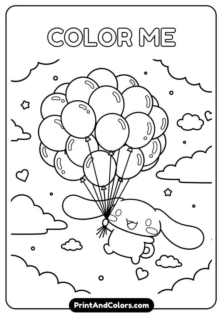 Cinnamoroll holding a bunch of balloons, floating in the sky, clouds around, cartoon style, black and white outline, no colors