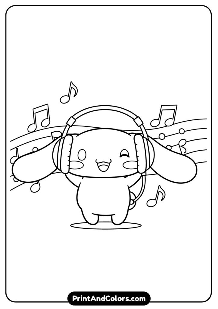 Cinnamoroll wearing big headphones, smiling with eyes closed, cartoon black and white outline, no colors, music notes in background