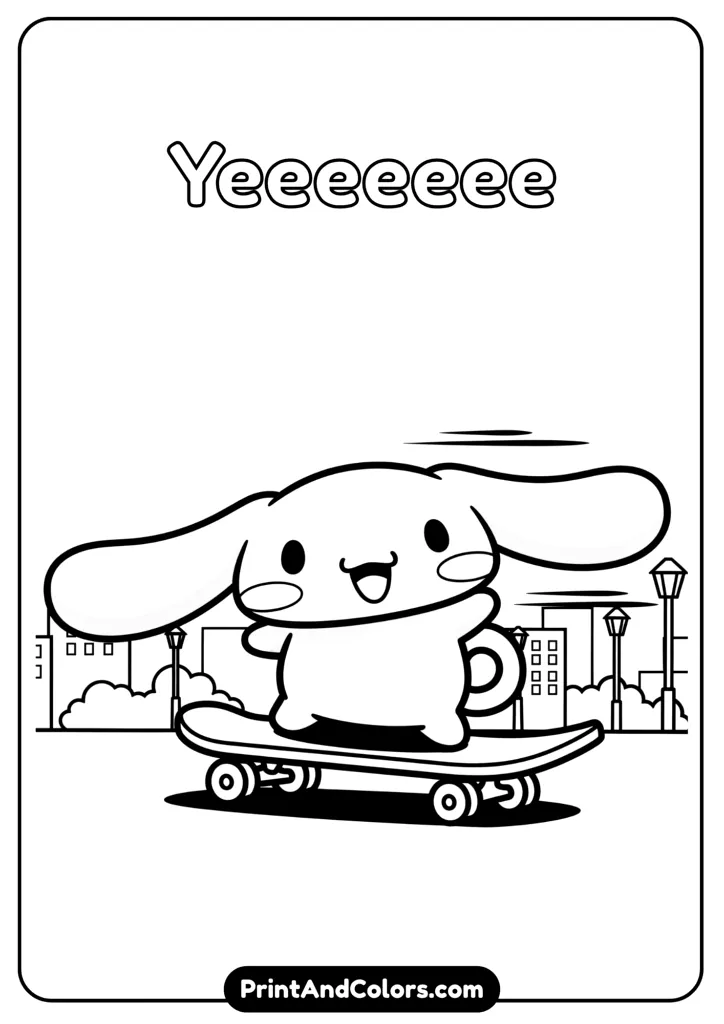 Cinnamoroll riding a skateboard, ears flying in the wind, joyful expression, cartoon black and white outline, no colors, minimal city background