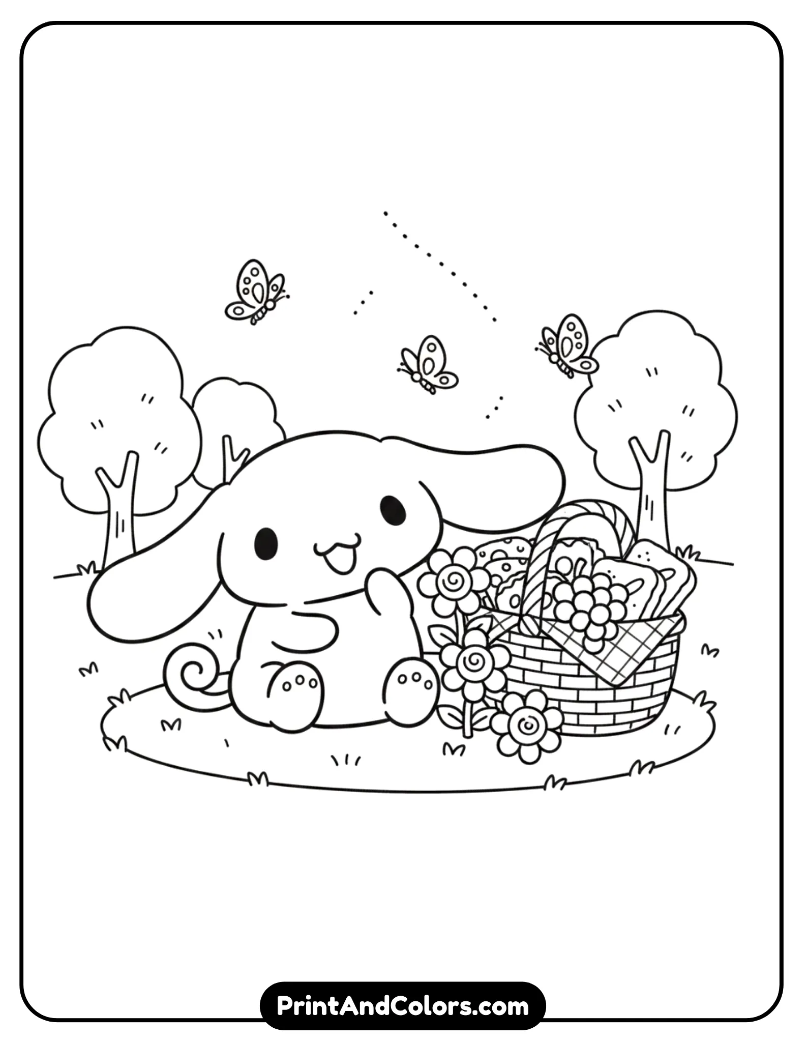 outdoor scene featuring Cinnamoroll sitting beside a picnic basket filled with snacks and flowers. Include grass, butterflies, and simple trees. Use black and white line art with minimal detail but clear outlines for easy coloring.