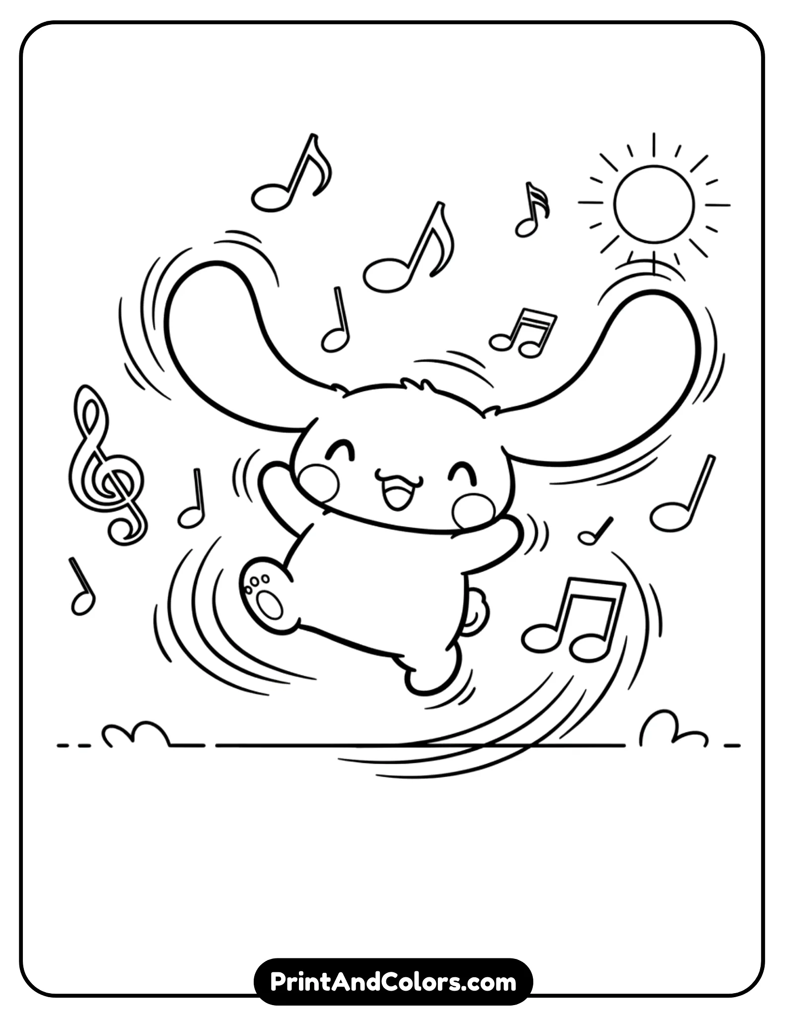 Cinnamoroll dancing happily with floating musical notes around him. His ears and body should show playful movement. Use bold outlines, cartoon-style motion lines, and a simple background for easy coloring.