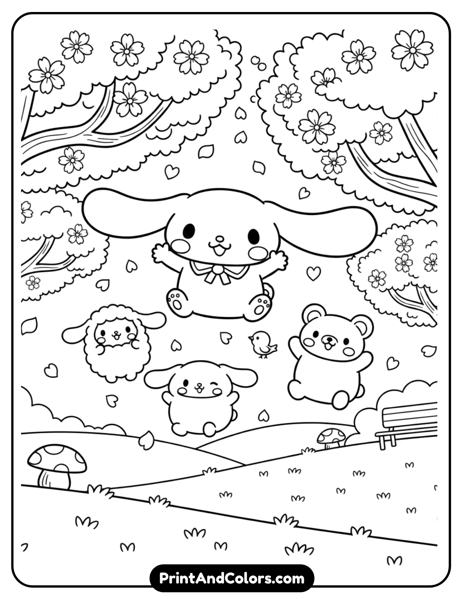 black and white line art scene of Cinnamoroll playing with his cute friends under blooming cherry blossom trees. Include falling petals, smiling characters, and simple grass or park details. Keep the illustration light, friendly, and easy to color with thick outlines and open spaces