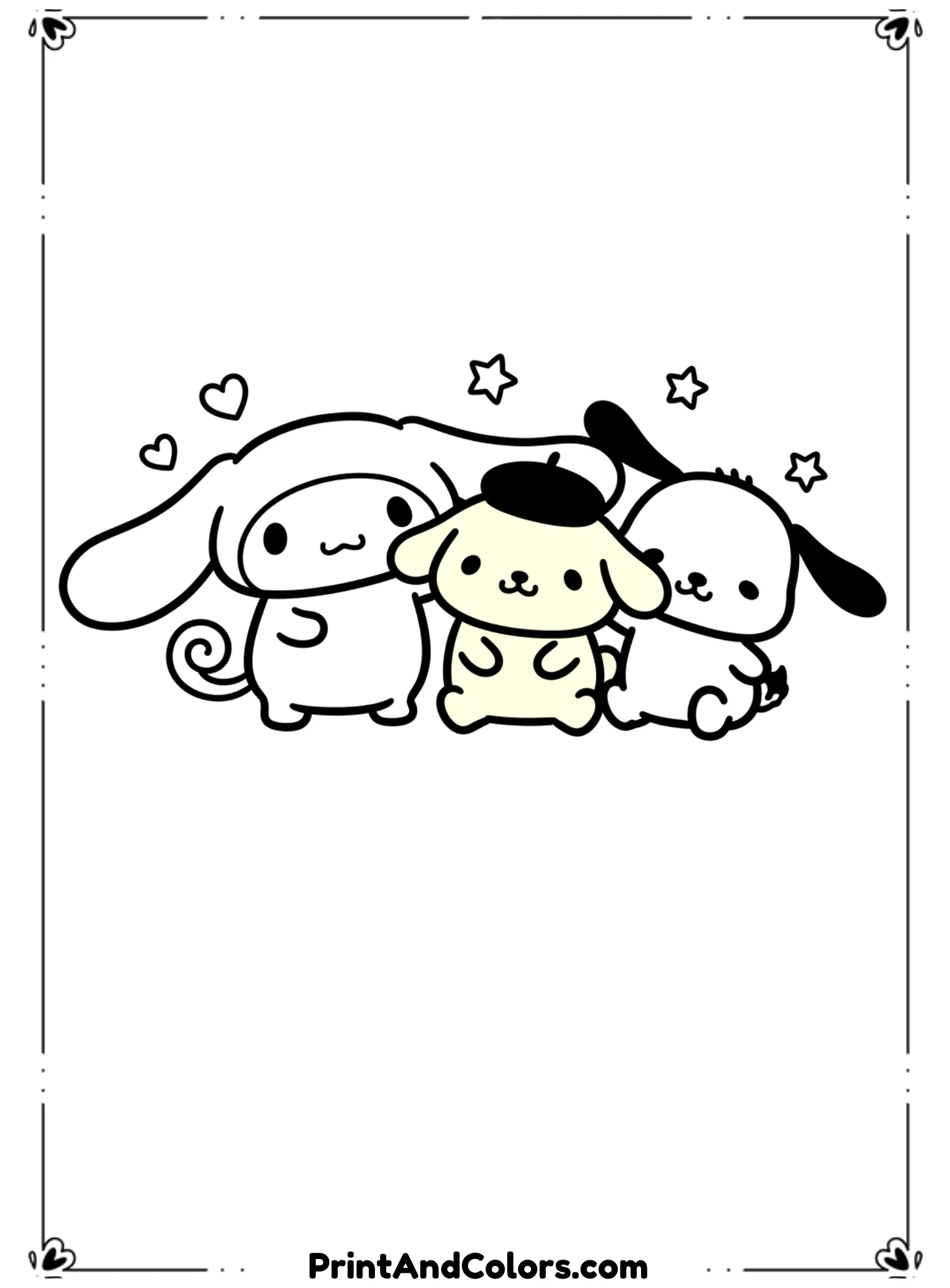 Draw Cinnamoroll, PomPompurin, and Pochacco grouped closely in a cute pose. All characters should be smiling. Use bold black outlines, simple proportions, and keep the background minimal.
