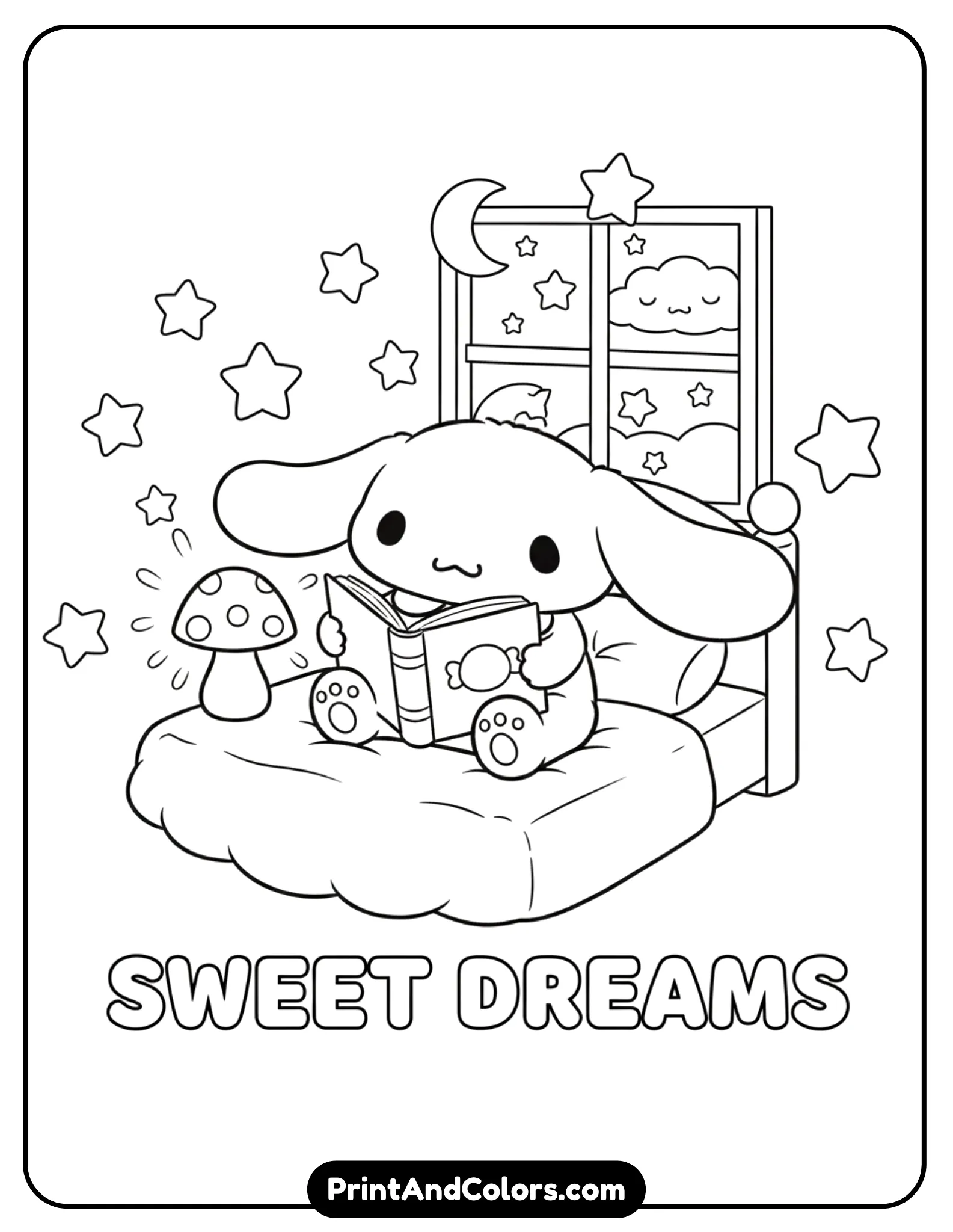 cozy bedtime illustration of Cinnamoroll reading a storybook while sitting on a bed or cushion. Add stars, a small lamp, and a calm nighttime feel. Use clean black outlines and a soft kawaii style designed for young kids to color.