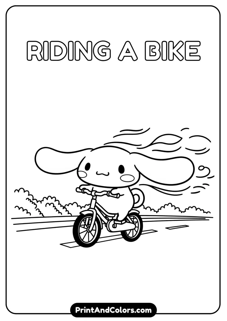 Cinnamoroll riding a cute bicycle, ears flying in the wind, cartoon style, black and white outline, no colors, road background