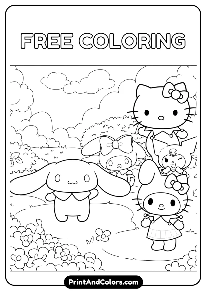 Cinnamoroll with My Melody, Hello Kitty, and Kuromi, all smiling, cartoon black and white outline, no colors