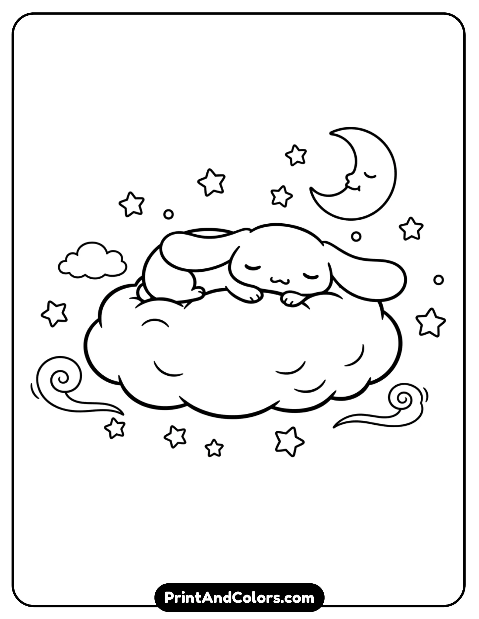 black and white line art scene of Cinnamoroll sleeping soundly on a large fluffy cloud. His eyes are closed with a gentle smile, ears resting softly beside him. Surround the cloud with small stars, a crescent moon, and soft sky elements. Keep the style simple, kawaii, and child-friendly with thick outlines and plenty of open spaces for coloring.