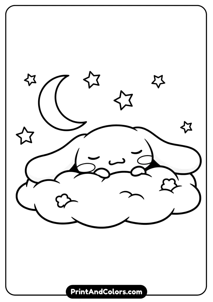 Cinnamoroll sleeping on a fluffy dream cloud, cartoon black and white outline, no colors, stars and moon in background