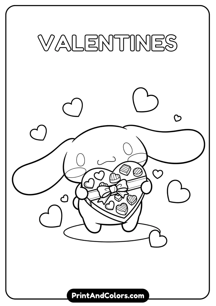 Cinnamoroll holding a big heart-shaped box of chocolates, cartoon black and white outline, no colors, hearts in background