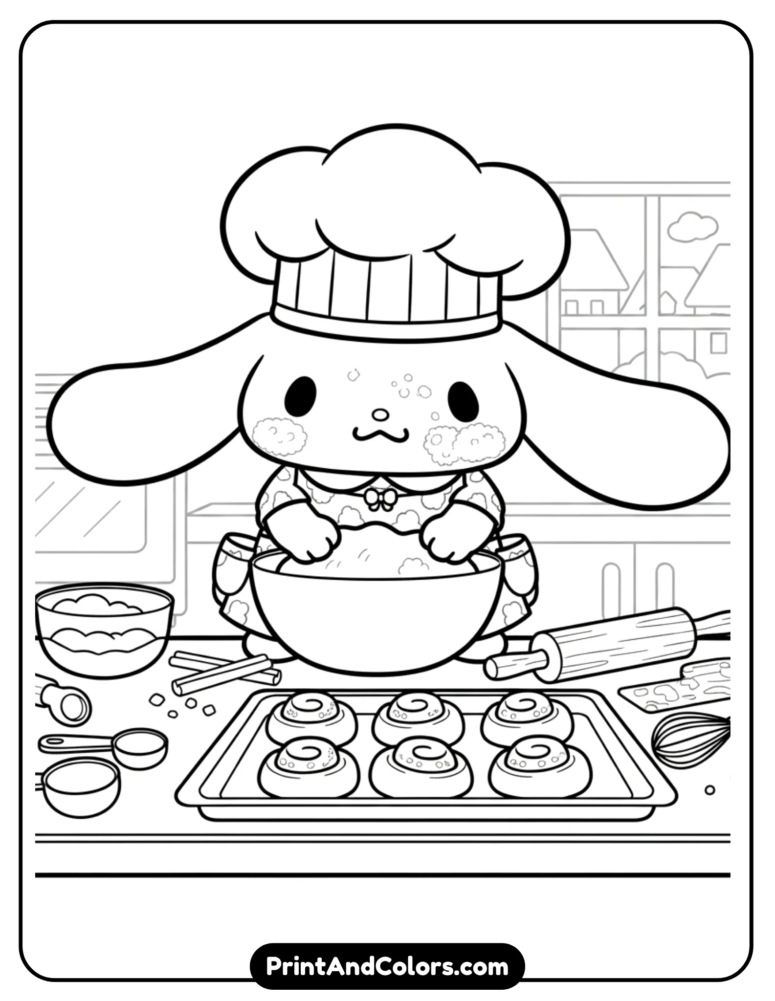 black and white line drawing of Cinnamoroll wearing a large chef hat and apron while baking cinnamon rolls. Show a kitchen counter with a tray of swirl-shaped rolls, a rolling pin, and simple baking tools. Use bold outlines, kawaii proportions, and uncluttered background elements suitable for coloring.