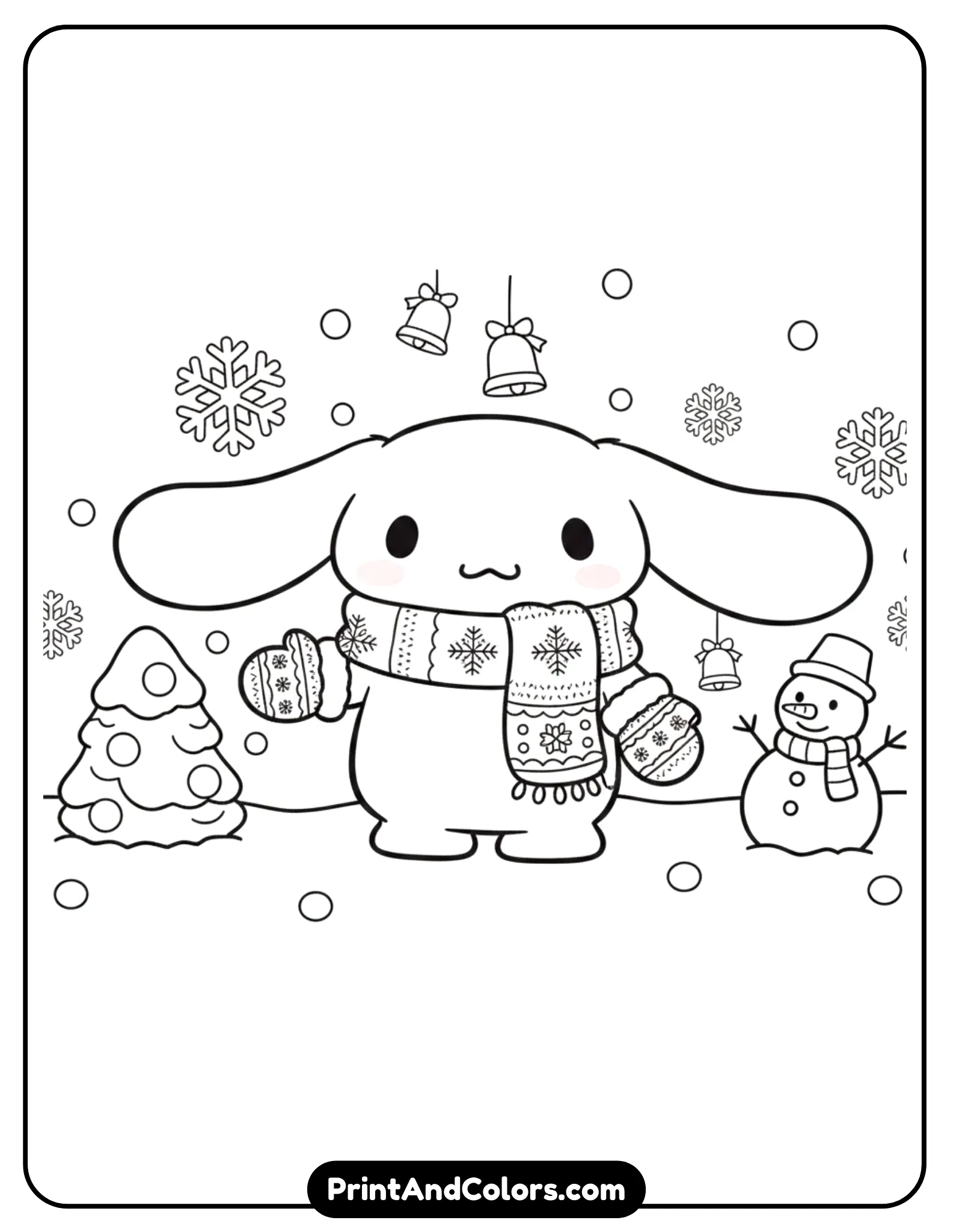 winter-themed black and white line art illustration of Cinnamoroll wearing a cozy scarf and mittens. Add falling snowflakes, a snow-covered ground, and simple winter decorations. The artwork should be cute, clean, and easy to color for children