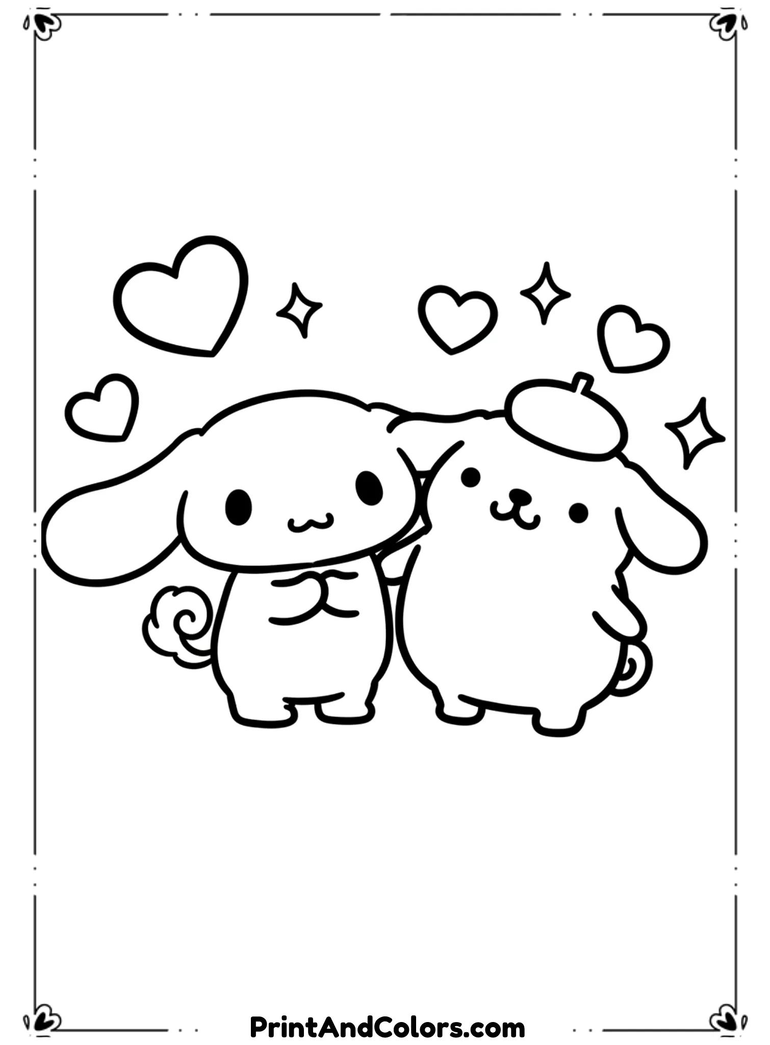  Draw Cinnamoroll and PomPompurin standing side by side, smiling sweetly at each other. Use rounded kawaii features, clean black outlines, and minimal background elements like hearts or stars.

