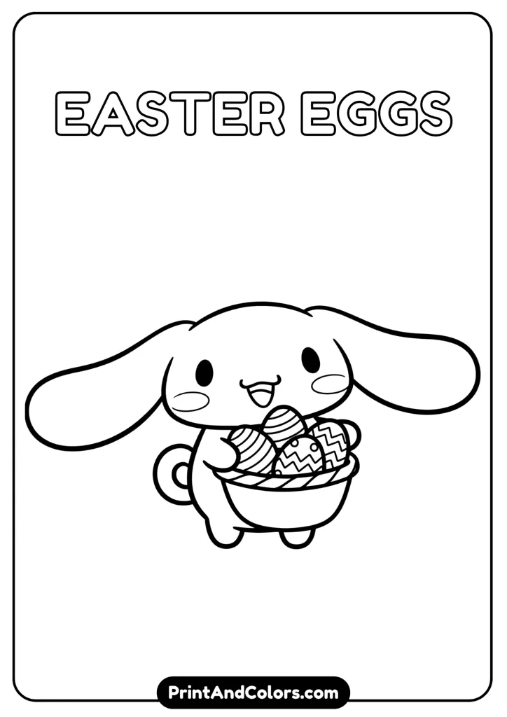 Cinnamoroll holding decorated Easter eggs, cute style, cartoon black and white outline, no colors, simple egg patterns