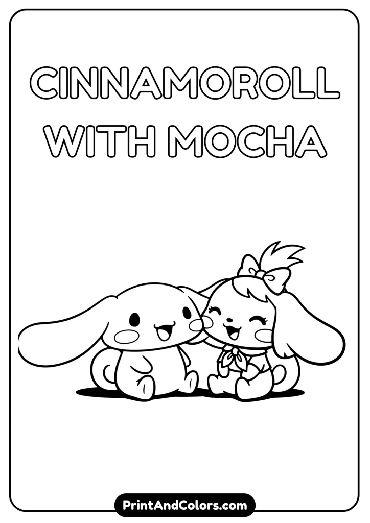 Cinnamoroll and Mocha sitting together, smiling, cartoon black and white line drawing, no colors, clean simple lines