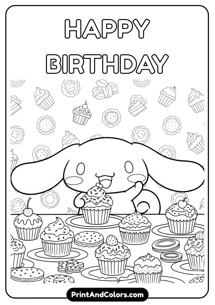 Cinnamoroll at a table with cupcakes and cookies, tasting sweets, smiling, cartoon black and white outline, no colors, dessert background