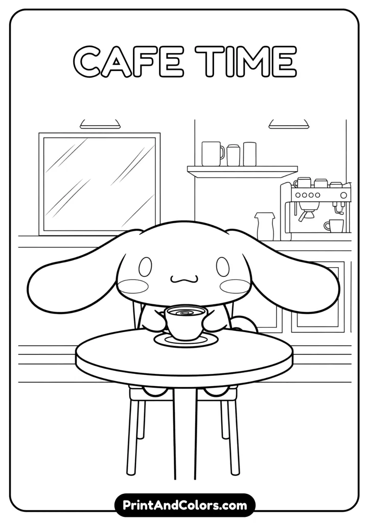 Cinnamoroll sitting at a small cafe table with a cup of coffee, cartoon style, clean black and white outlines, no colors, simple cafe background