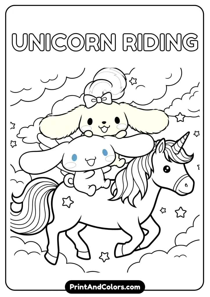 Cinnamoroll and Chiffon riding a magical unicorn, smiling, cute cartoon style, black and white outline drawing, no colors, cloud and star background