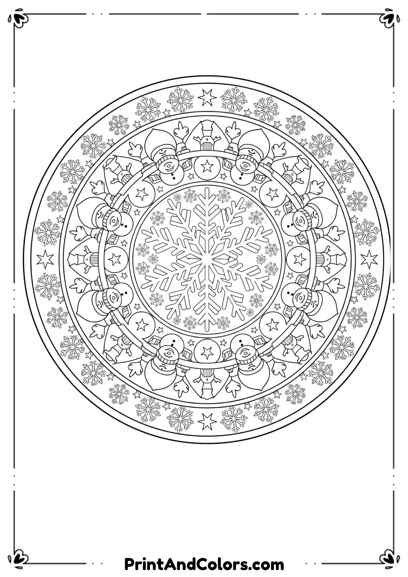 Circular mandala design featuring repeating snowmen, snowflakes, candy canes, stars, and winter icons in clean line art.
