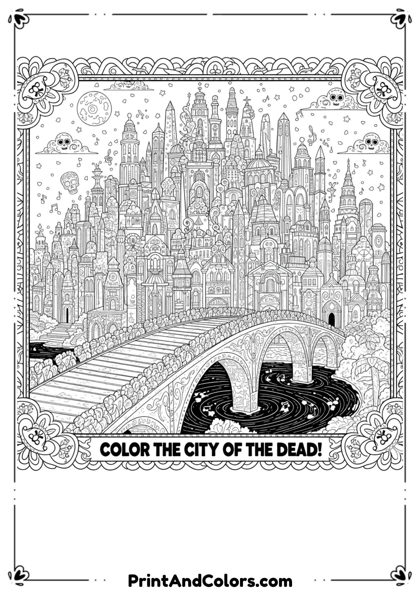 Black and white line drawing of Coco’s City of the Dead skyline with marigold bridge and tall buildings, designed as coloring sheet.
