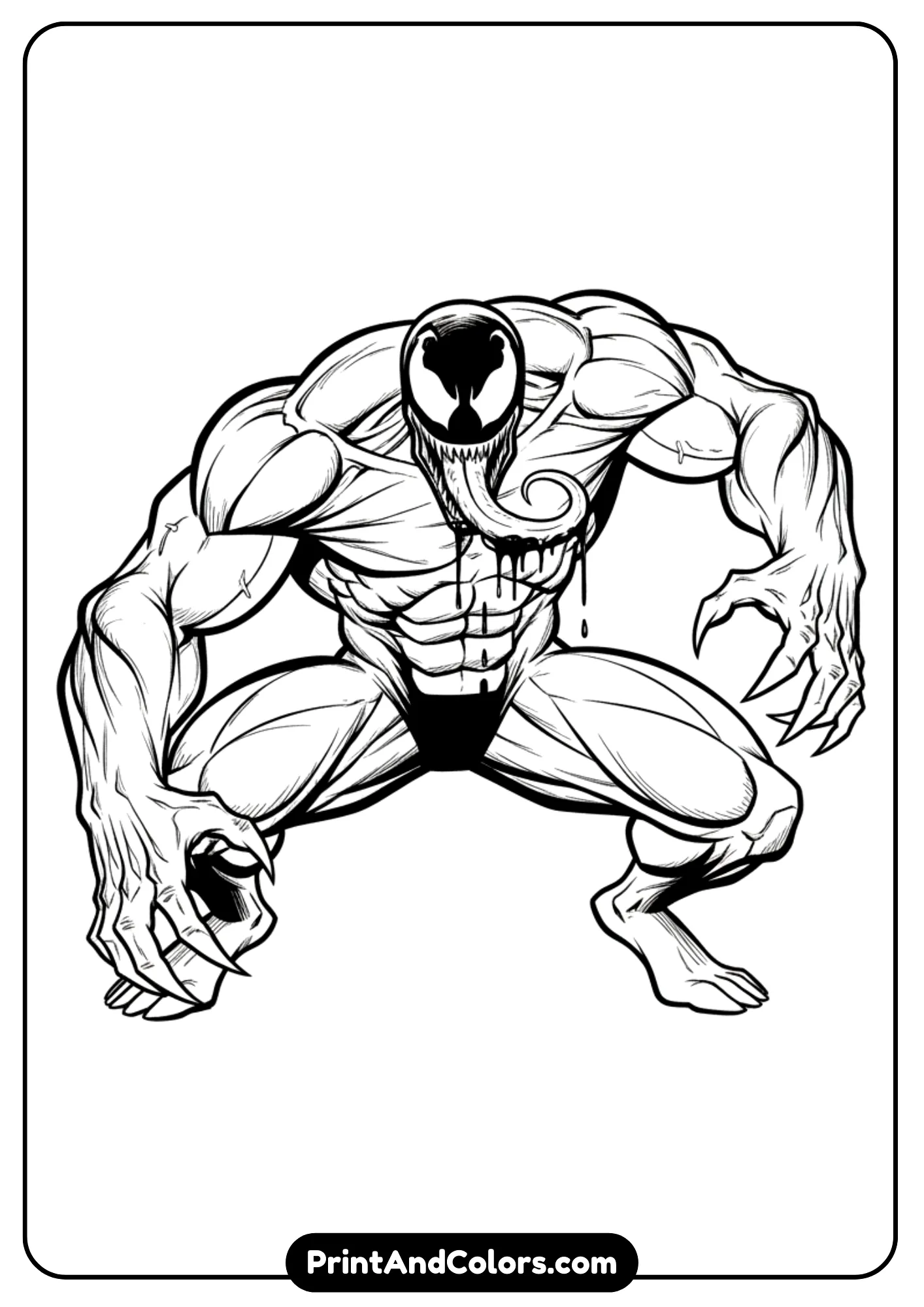 Line art of Venom in his iconic crouched pose, with muscles bulging, tongue extended, and sharp claws visible. Bold outlines.