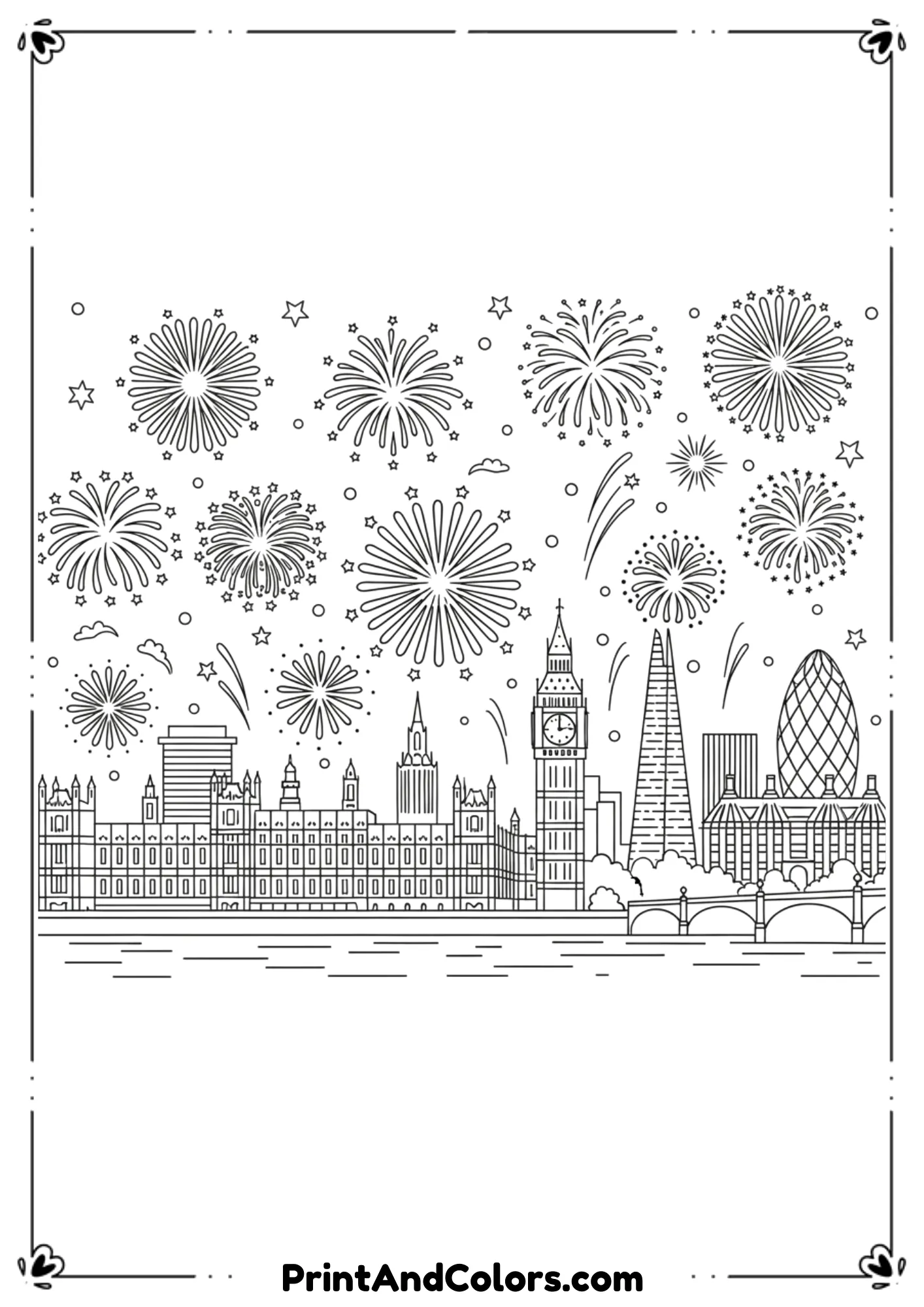  Detailed black and white line art of Big Ben and the London skyline with elegant fireworks exploding behind the clock tower. Include the River Thames and simple city elements, clean outlines, no shading, sophisticated but easy-to-color design.
