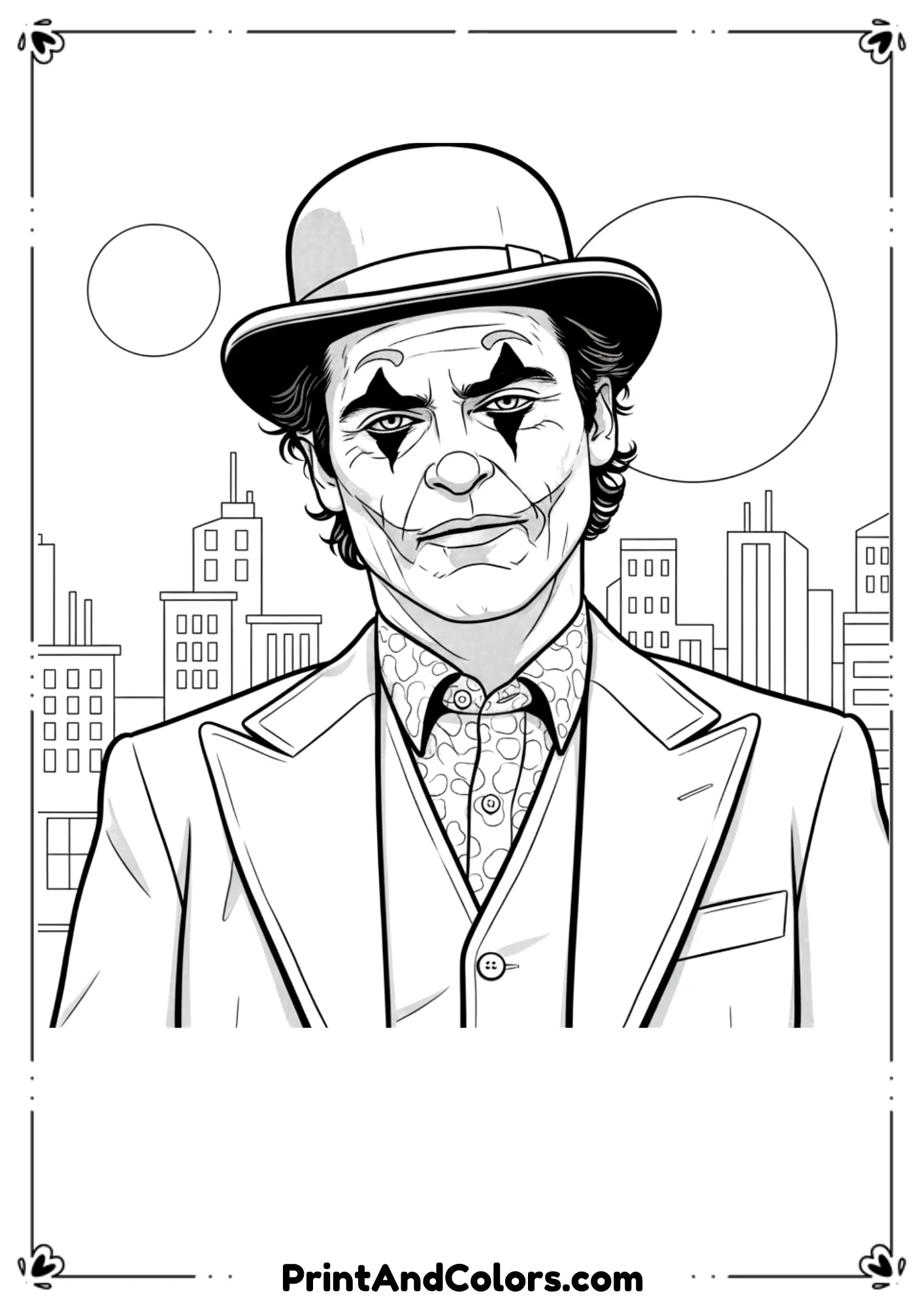 Close-up portrait of Joaquin Phoenix Joker in clown makeup, black and white outline for coloring.
