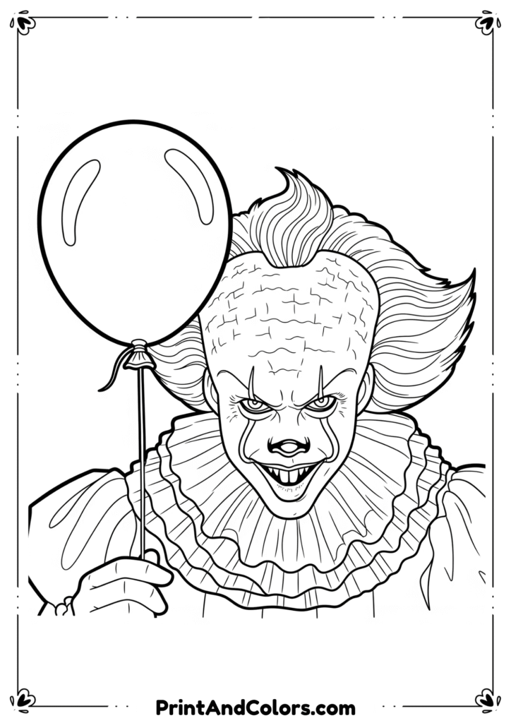 Detailed Pennywise face with sharp teeth holding a balloon, in creepy horror line art style.