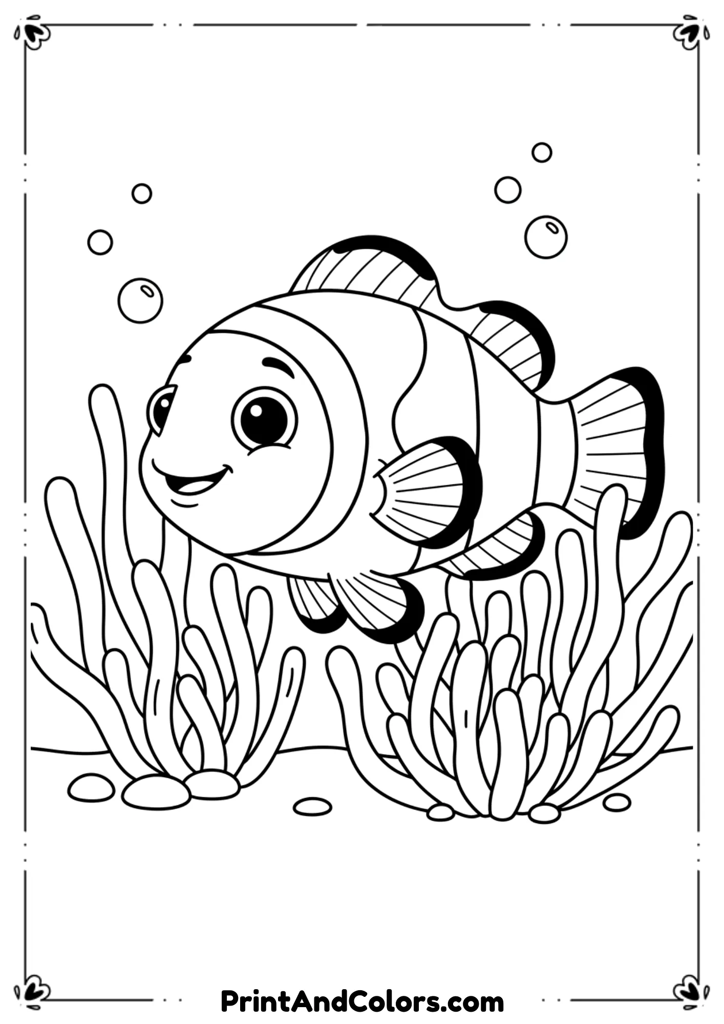 Clownfish with iconic body stripes swimming near sea anemones. Clean bold outlines for easy coloring.