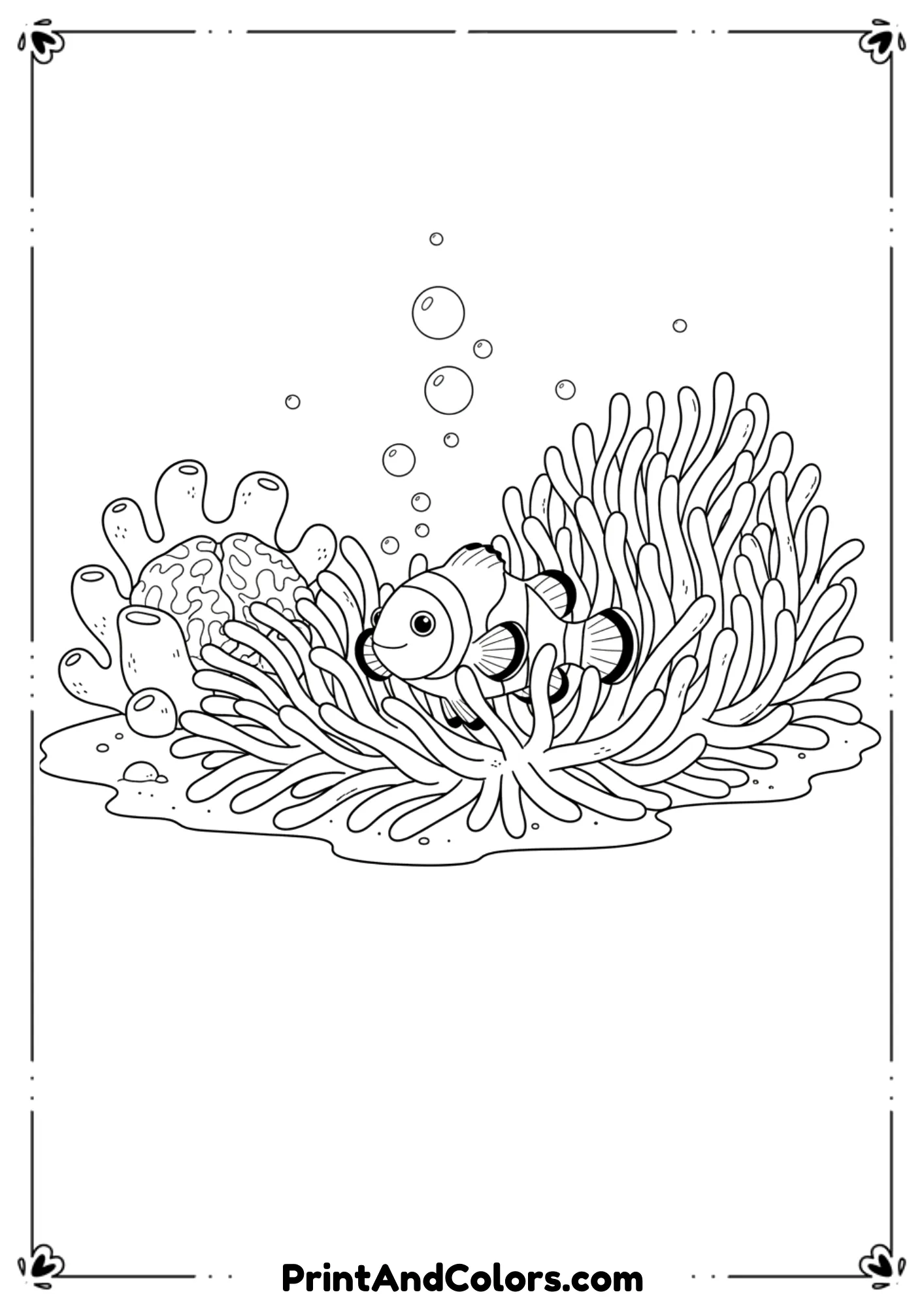 Cute clownfish peeking between long anemone tentacles. Add bubbles and simple coral shapes. Thick kid-friendly outlines.